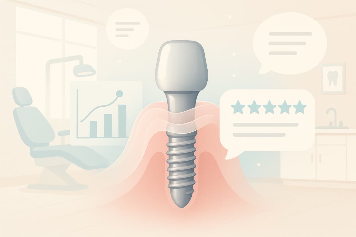 Modern dental treatment room with healing tissue layers, implant, growth charts, and testimonial bubbles.