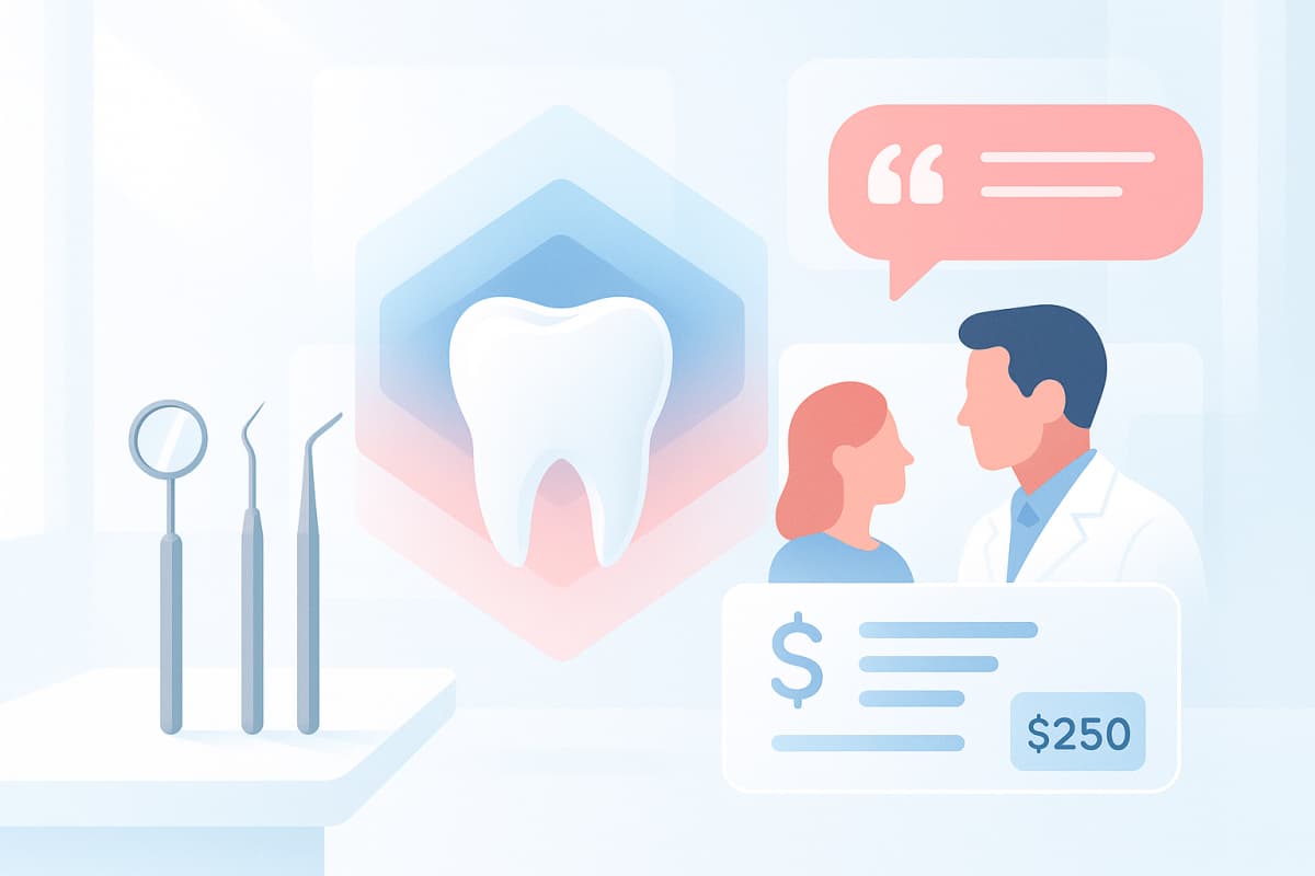 Modern dental treatment room with instruments, charts, testimonial bubbles, and digital dashboard.