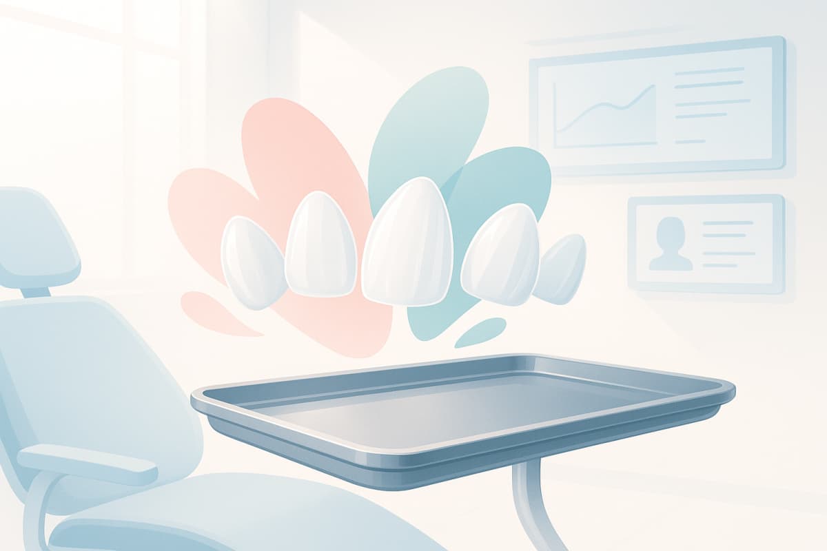 Modern dental treatment room with porcelain shells, digital screens, and calming colors.