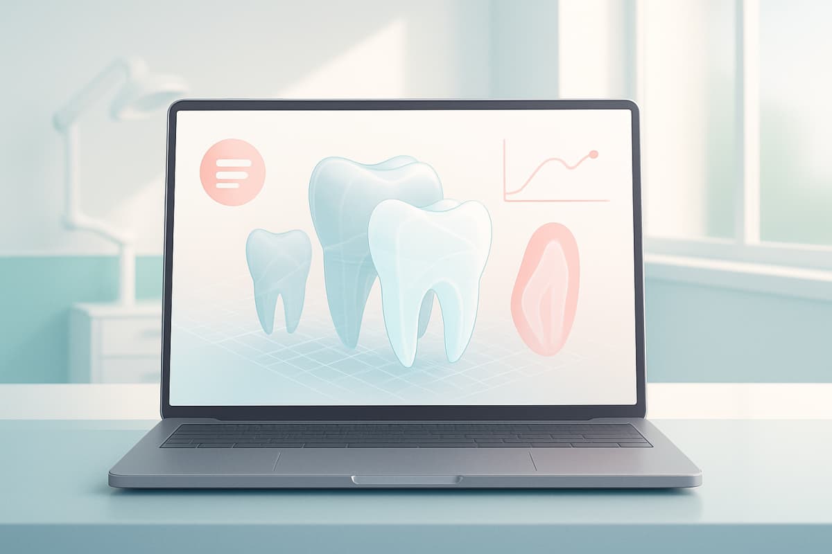 Modern dental workspace with 3D meshes, translucent teeth, and data points in a bright, clinical setting.