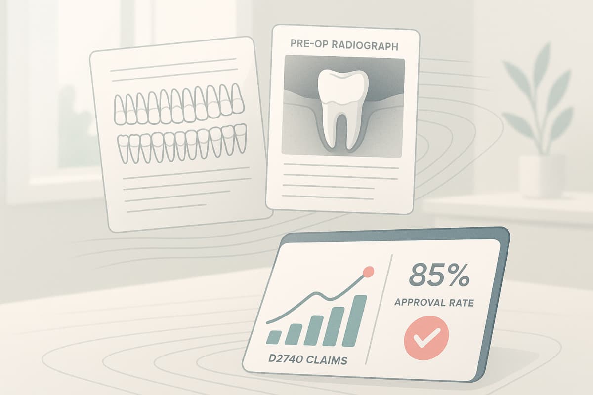 Modern dental workspace with charts, radiographs, and approval graphs in teal and pink accents.