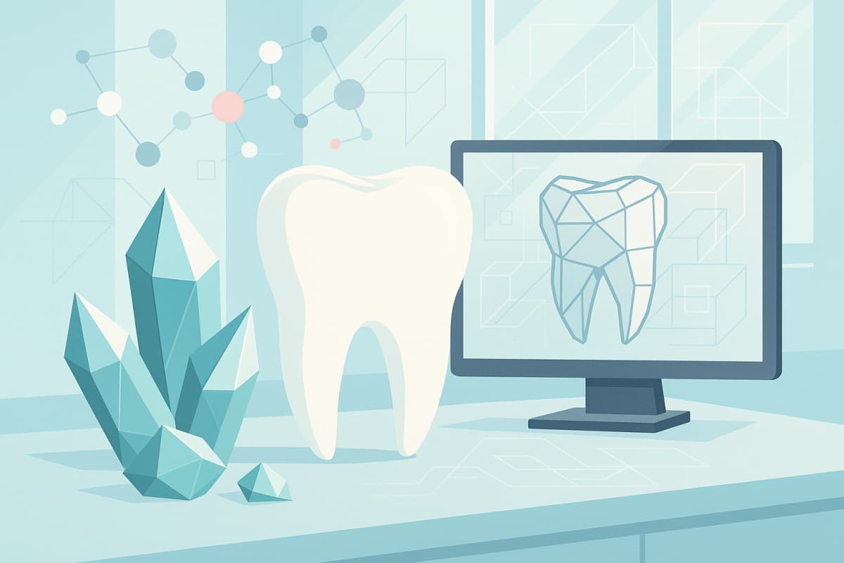 Modern dental workspace with crystalline structures, molecular lattices, and geometric digital design elements.