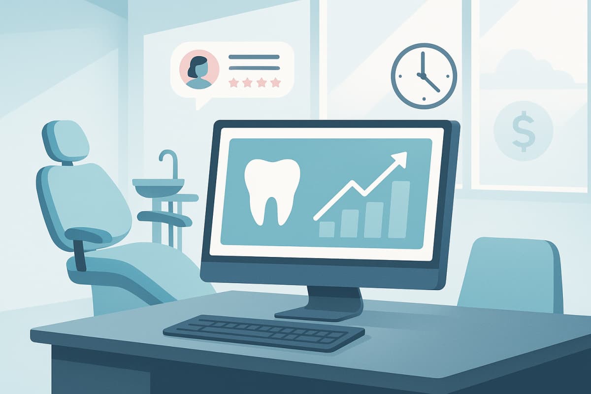 Modern dental workspace with dashboard, growth charts, testimonial bubbles, and abstract time and cost symbols.