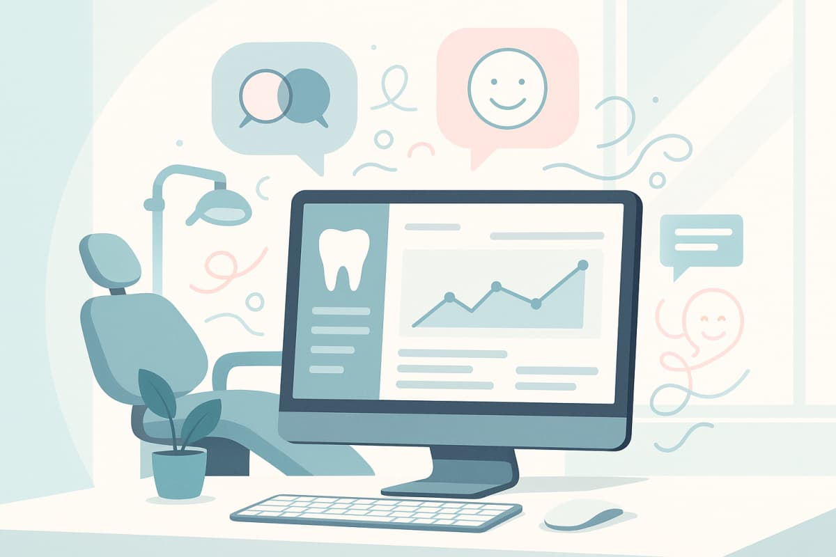 Modern dental workspace with dashboard, testimonial bubbles, speech icons, and abstract care symbols.