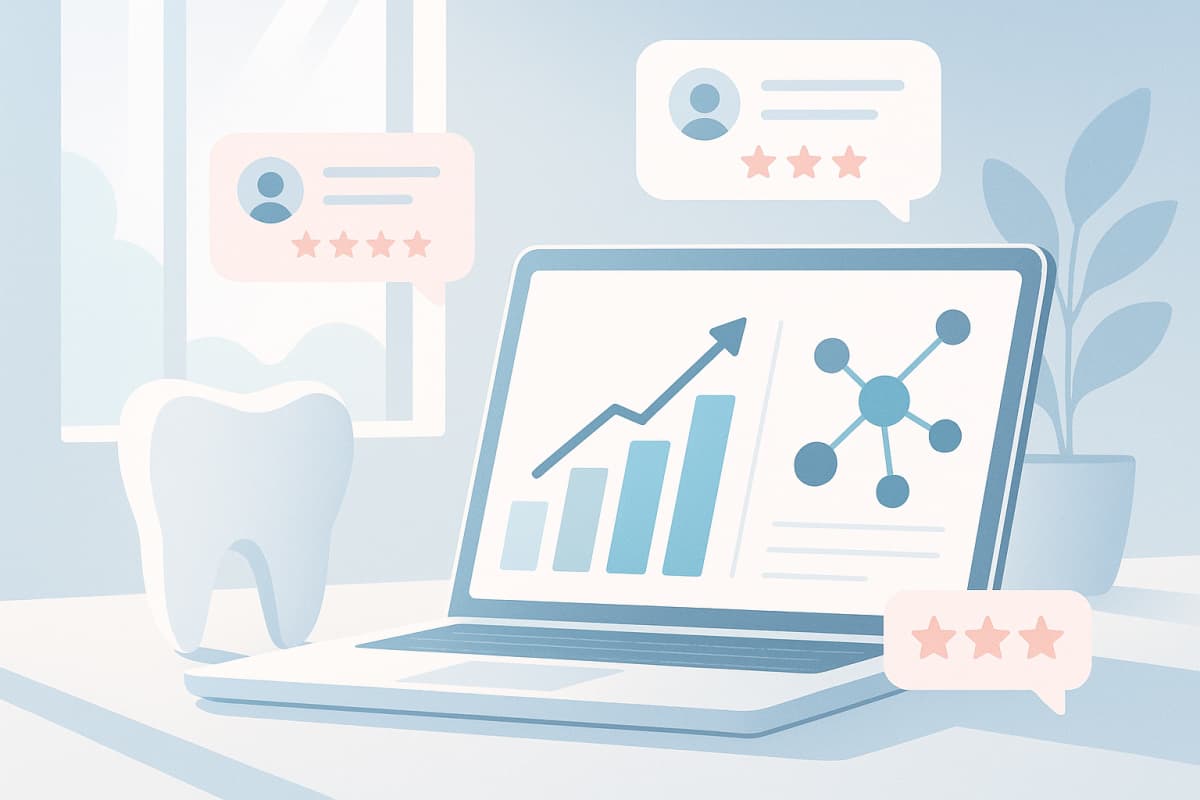 Modern dental workspace with data charts, interconnected nodes, and floating testimonial bubbles in clinical tones.