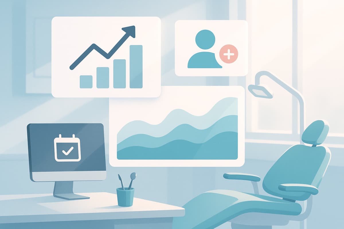 Modern dental workspace with data graphs, growth charts, and engagement icons in bright, clean design.