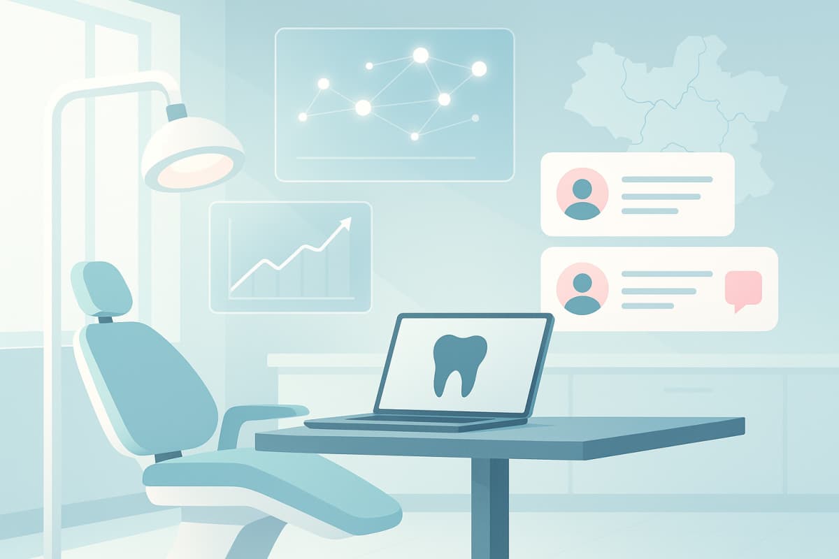 Modern dental workspace with digital charts, glowing nodes, testimonial bubbles, and abstract maps.