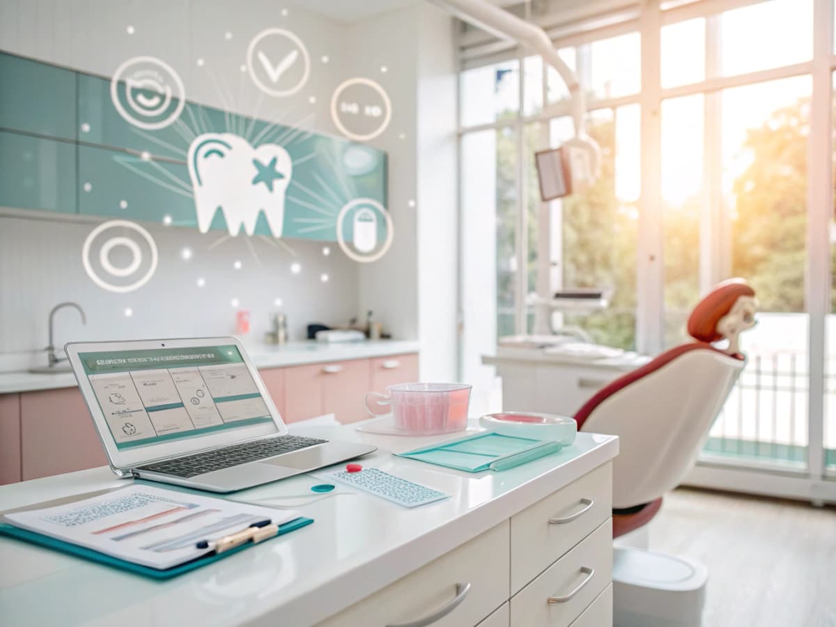Modern dental workspace with digital dashboard, flow diagrams, and growth charts in bright, clean setting.
