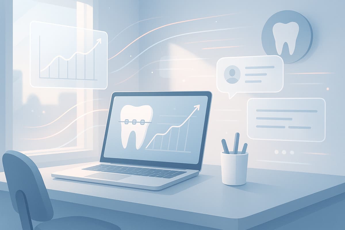 Modern dental workspace with floating charts, data streams, and calming blue and pink tones.