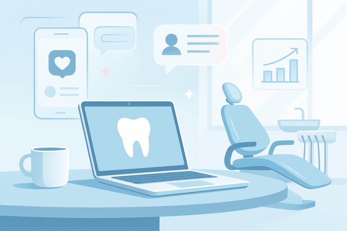 Modern dental workspace with floating social media icons and growth charts in bright, clinical colors.