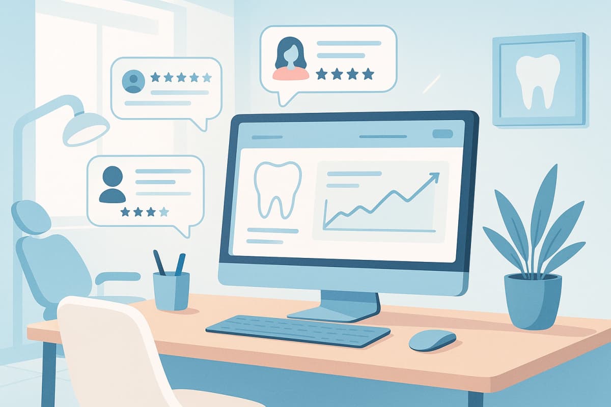 Modern dental workspace with floating testimonial bubbles, growth charts, and notification icons.