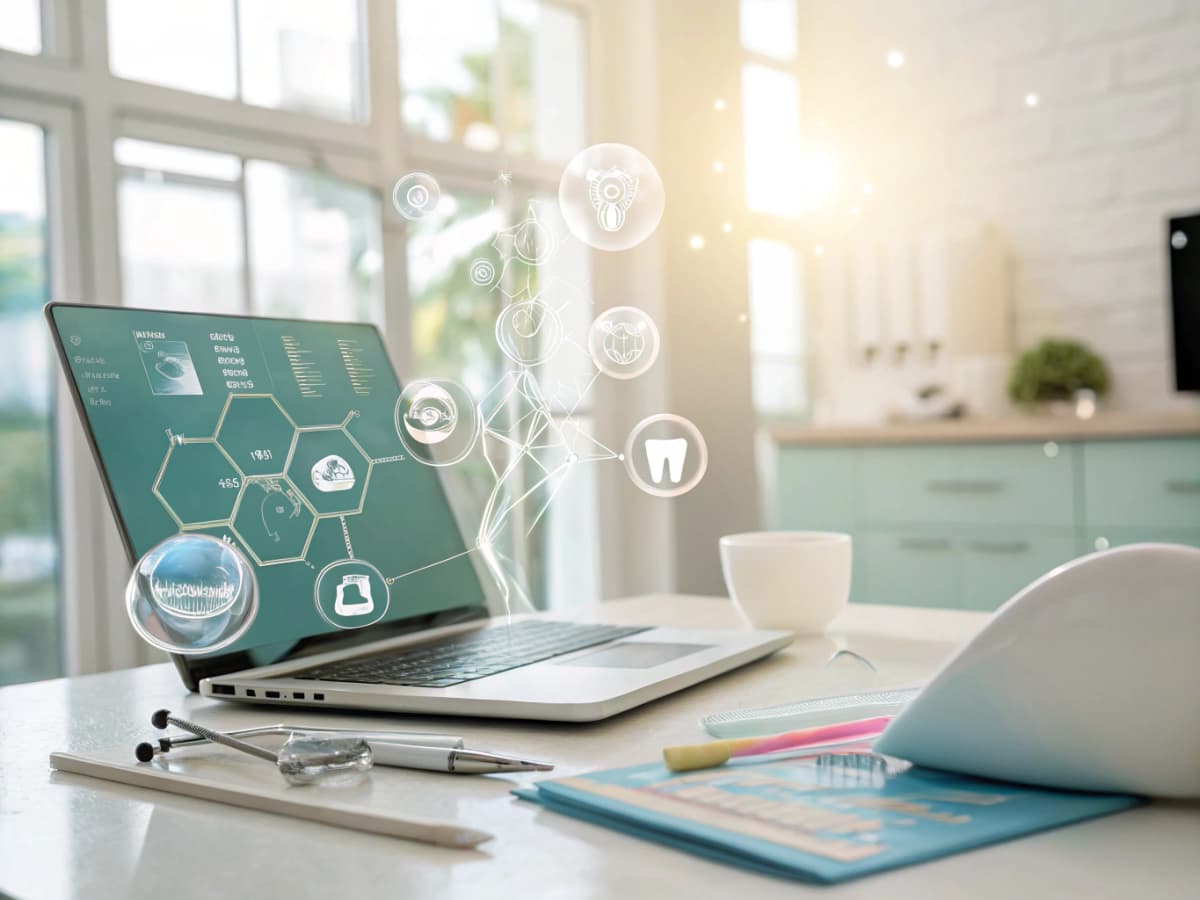 Modern dental workspace with floating testimonial bubbles, growth chart, video icons, and dental tools.