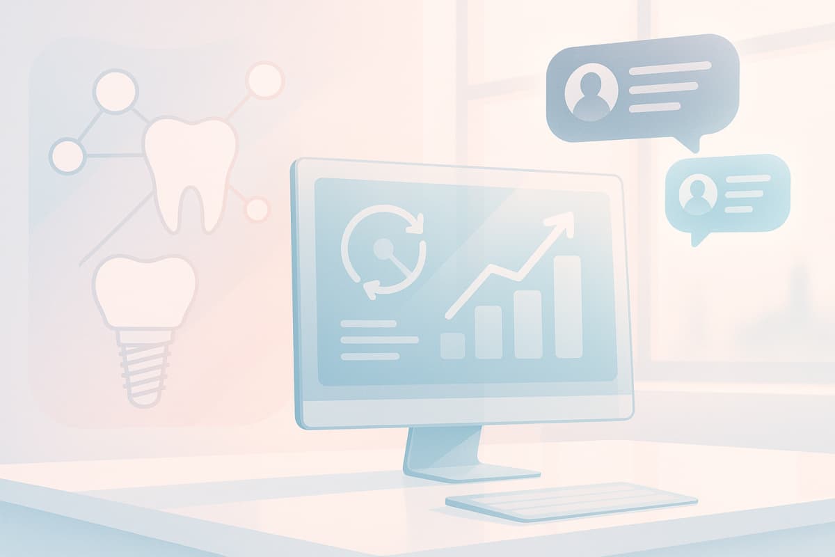 Modern dental workspace with growth charts, implant network, testimonial bubbles, in a clean clinical setting.