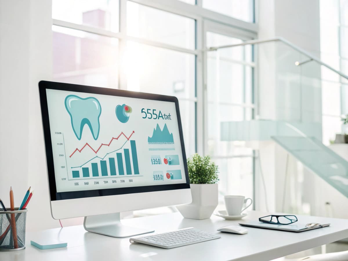 Modern dental workspace with growth charts, testimonial bubbles, and trust symbols in bright, clean setting.