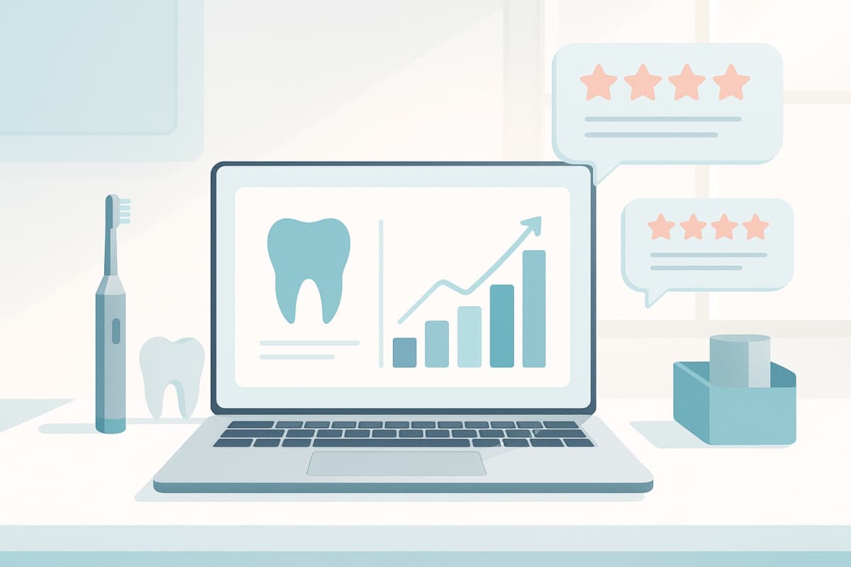 Modern dental workspace with growth charts, testimonial bubbles, and technological accents in bright, clean setting.