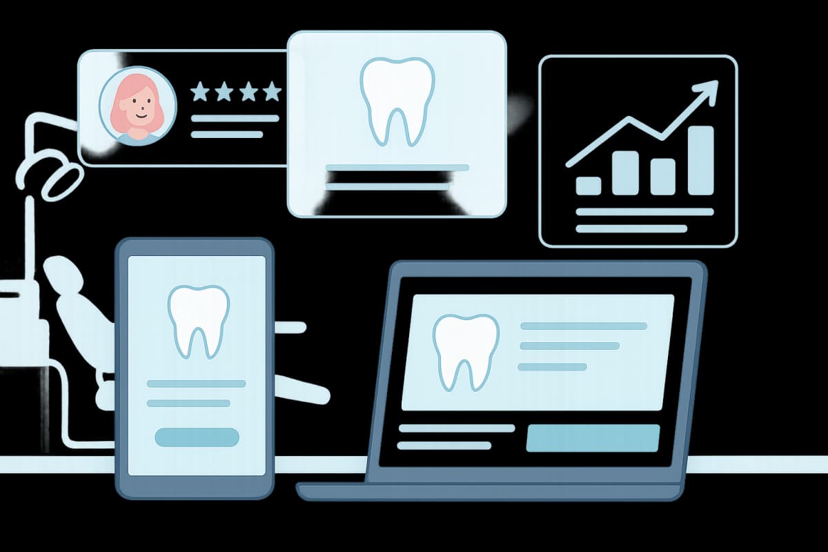 Modern dental workspace with interface elements, growth charts, and device mockups in soothing colors.