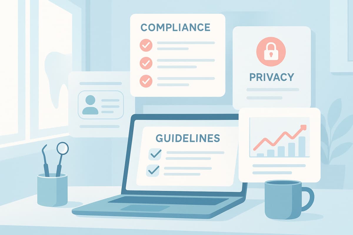 Modern dental workspace with layered screens showing compliance, privacy, and ethical data.