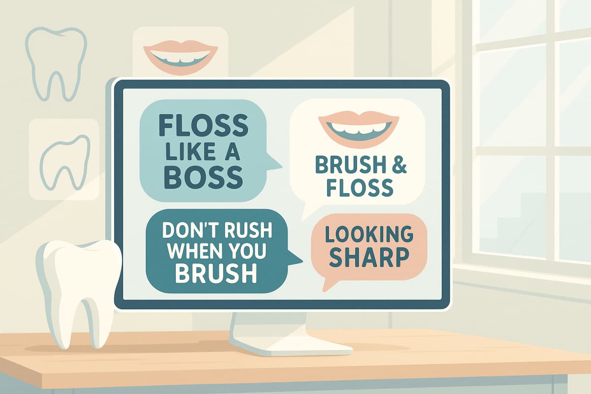 Modern dental workspace with speech bubbles of playful puns, surrounded by icons in clinical setting.