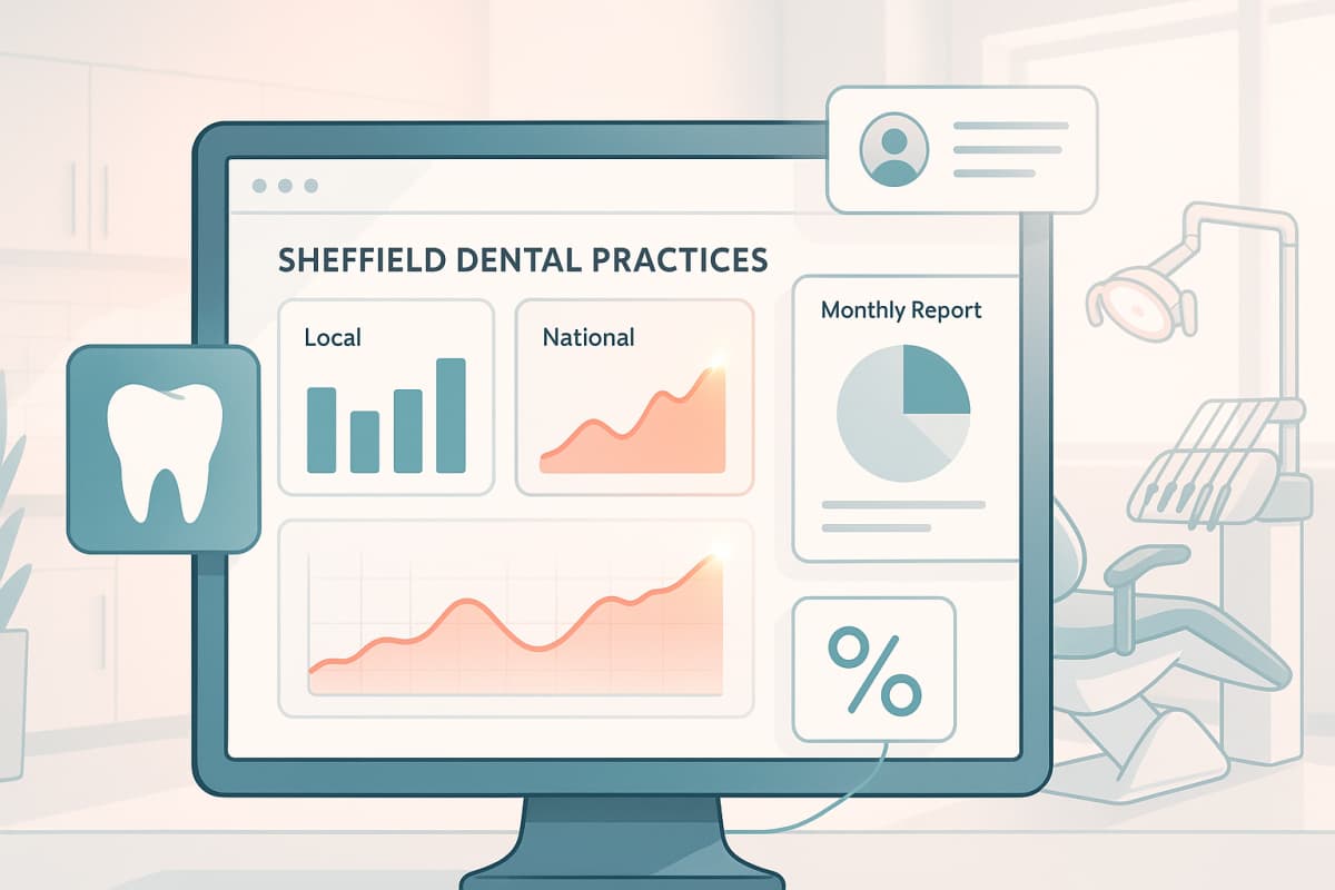Modern dental clinic and dashboard with charts, reports, and marketing icons in bright workspace.