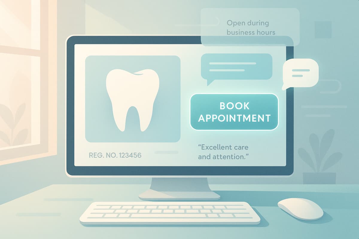 Modern dental clinic digital workspace with booking, chat, and trust signals in bright, clinical tones.