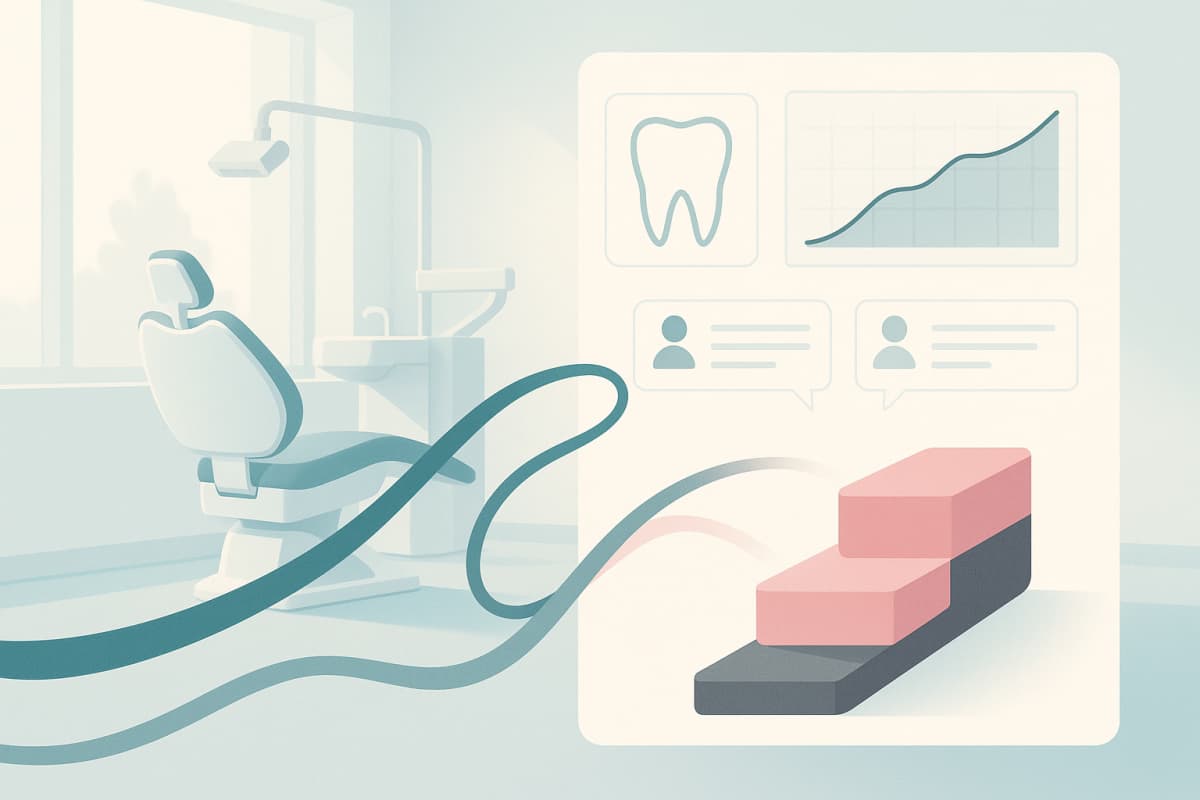 Modern dental clinic illustration with contrasting pathways, digital elements, and calming colors.