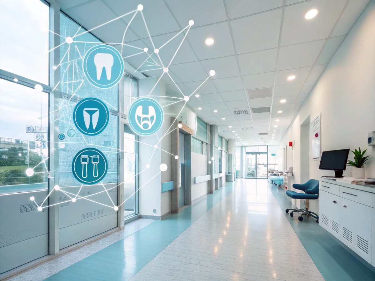 Modern dental clinic illustration with digital nodes, transparent screens, and growth charts.