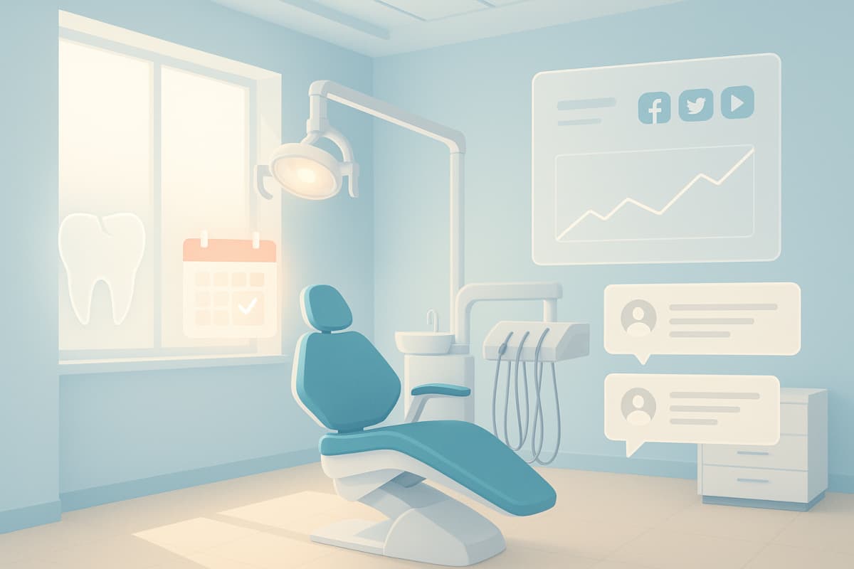 Modern dental clinic illustration with patient journey elements and digital icons in warm tones.