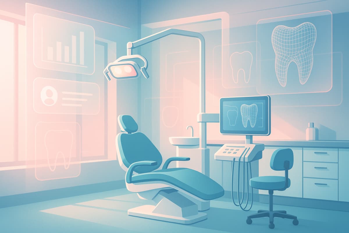 Modern dental clinic interior with digital interfaces, schematic shapes, and warm, professional tones.