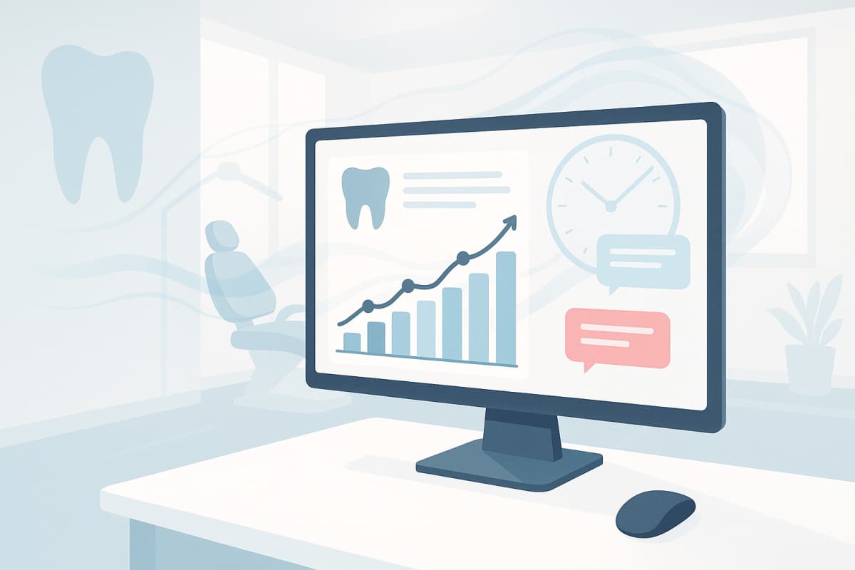 Modern dental clinic scene with digital workspace, growth charts, testimonial bubbles, and abstract data elements.