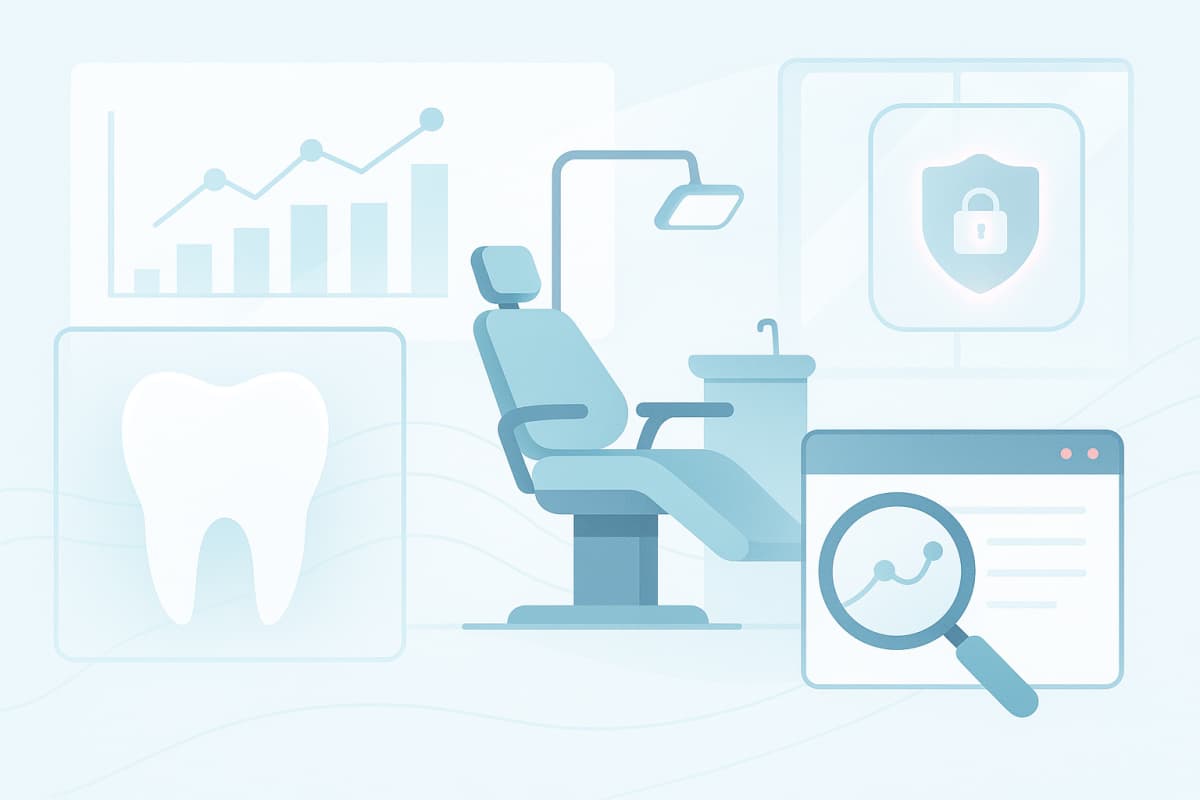 Modern dental clinic with data charts, privacy shields, and digital elements in calming blue tones.