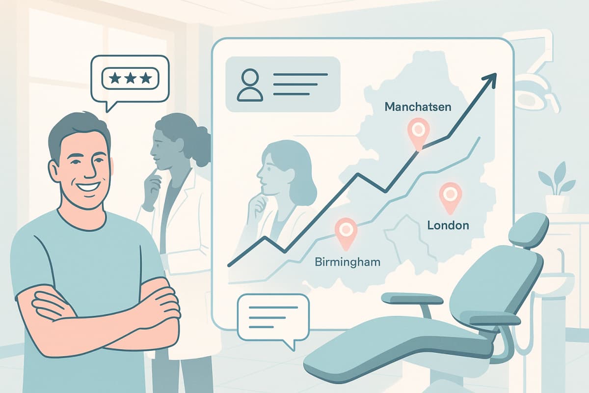 Modern dental clinic with digital dashboard, diverse adults, and testimonial bubbles in bright tones.