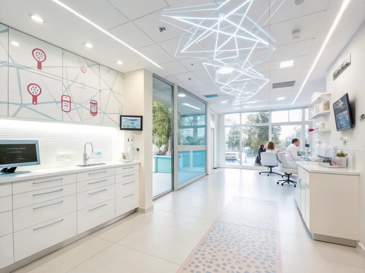 Modern dental clinic with digital dashboards, data streams, and patient icons in a sleek environment.