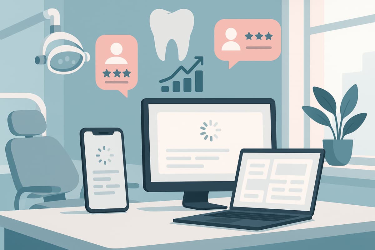 Modern dental clinic with digital devices displaying loading icons, testimonials, and growth charts.