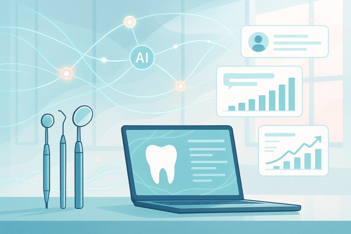 Modern dental clinic with digital tools, data streams, and growth charts in bright, clinical colors.