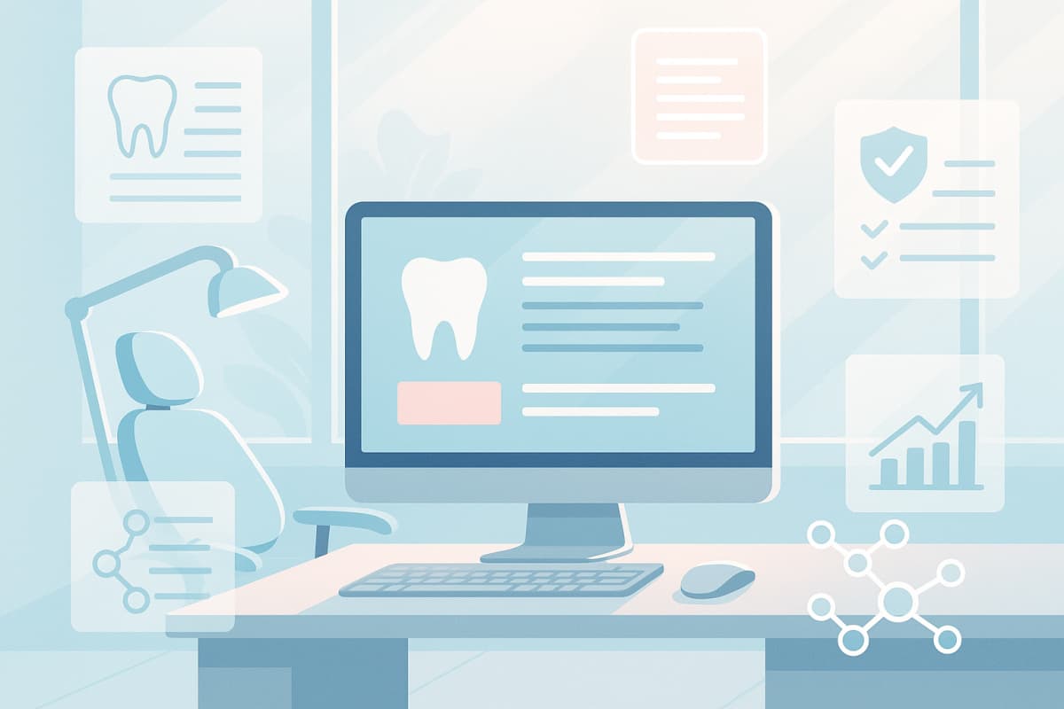 Modern dental clinic with digital workspace, clinical charts, trust symbols, and E-E-A-T icons.