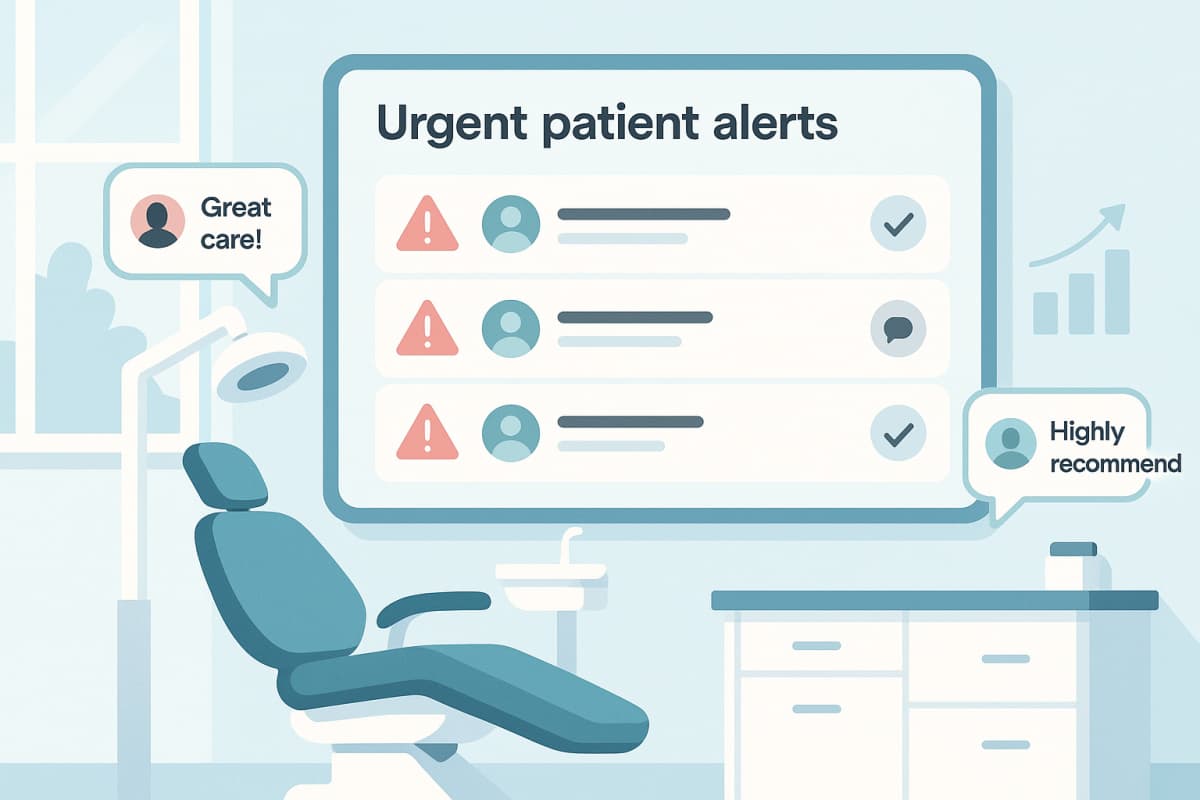 Modern dental clinic workspace with digital alerts, testimonial bubbles, and growth charts in soft colors.
