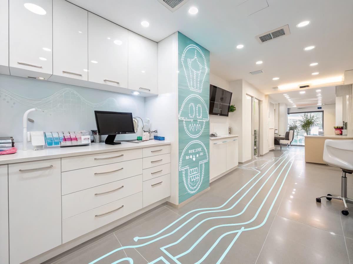 Modern dental clinic workspace with digital dashboard, interconnected lines, testimonial bubbles, and growth charts.