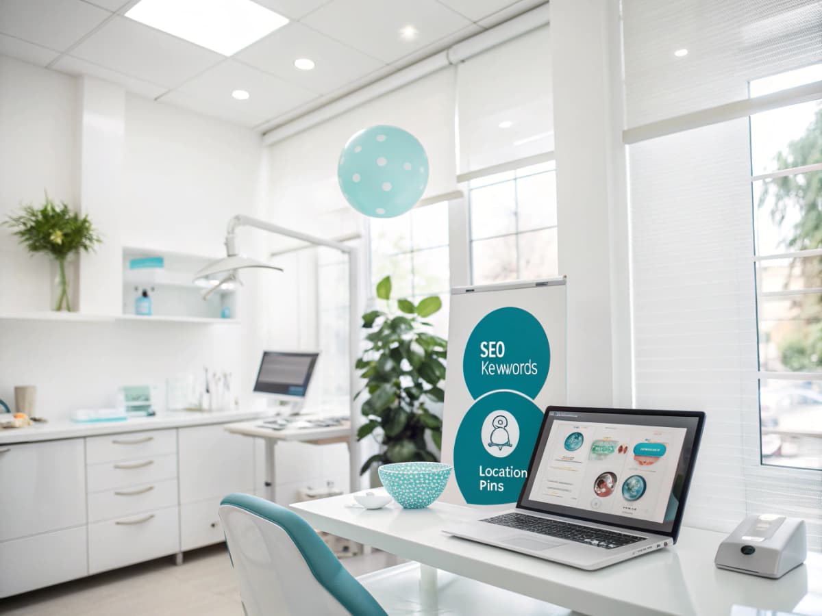 Modern dental clinic workspace with digital dashboard, growth charts, testimonial bubbles, and calming colors.