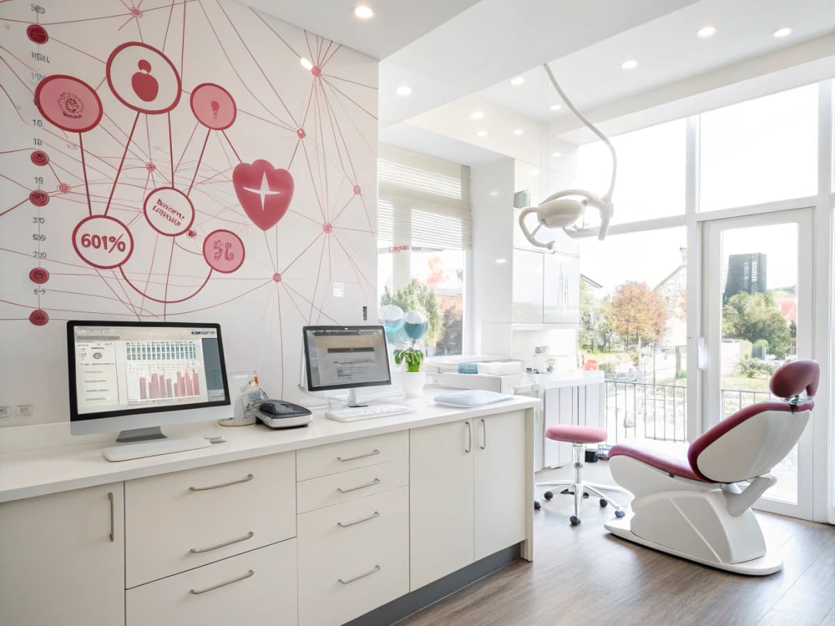 Modern dental clinic workspace with digital dashboard, growth charts, testimonial bubbles, and abstract Leeds elements.