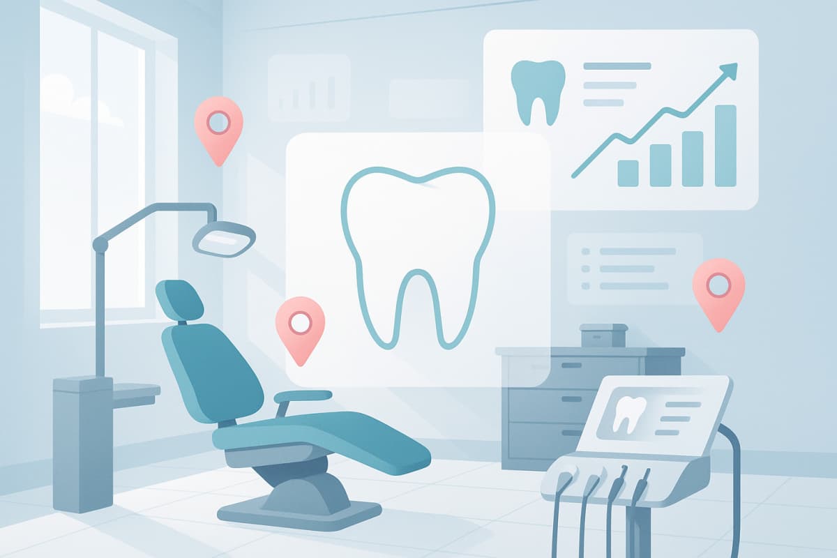 Modern dental clinic workspace with digital interface, growth charts, and map markers in soothing colors.