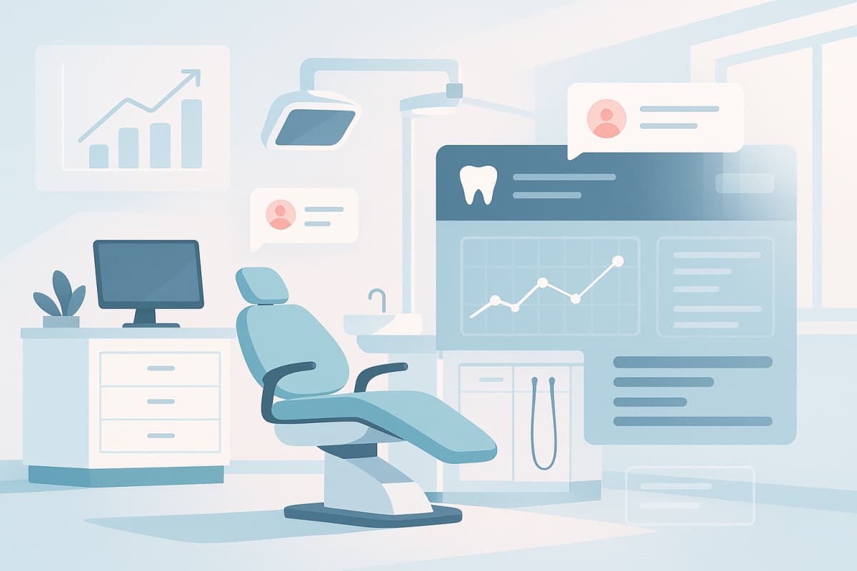Modern dental clinic workspace with digital interface overlays and abstract growth charts.