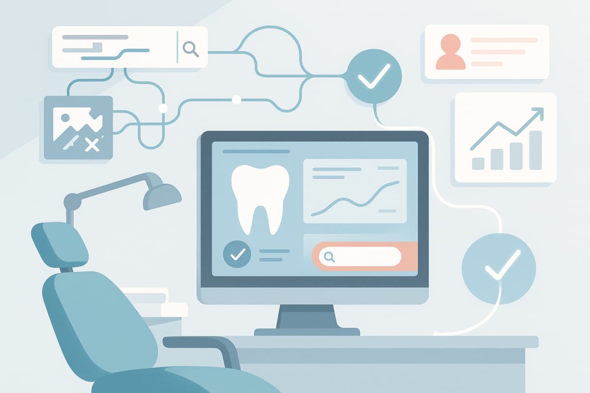 Modern dental clinic workspace with digital symbols, growth charts, and testimonial bubbles in soft tones.