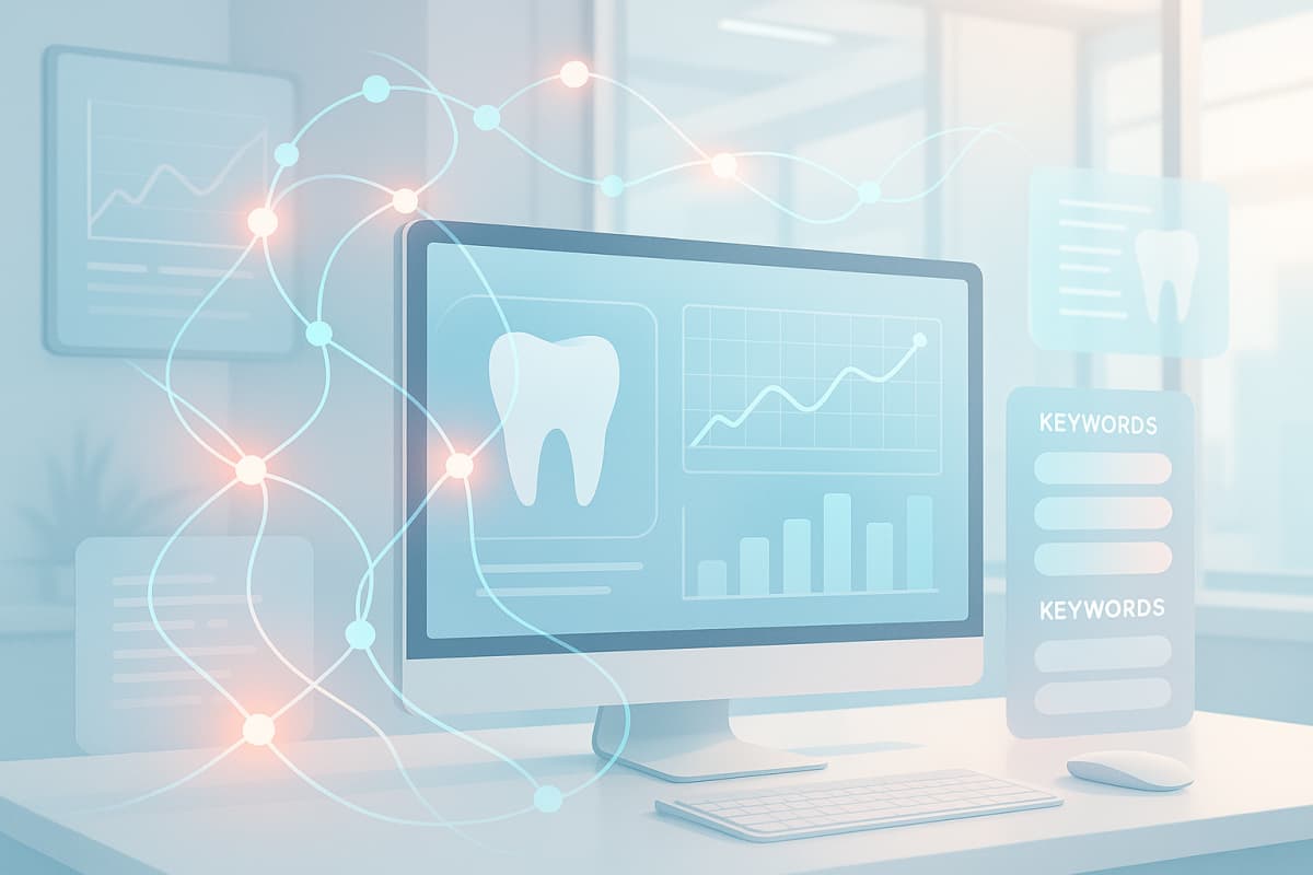 Modern dental clinic workspace with glowing neural networks, data streams, and digital dental charts.