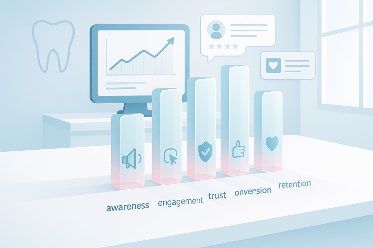 Modern dental clinic workspace with translucent pillars, icons, charts, and interface elements.