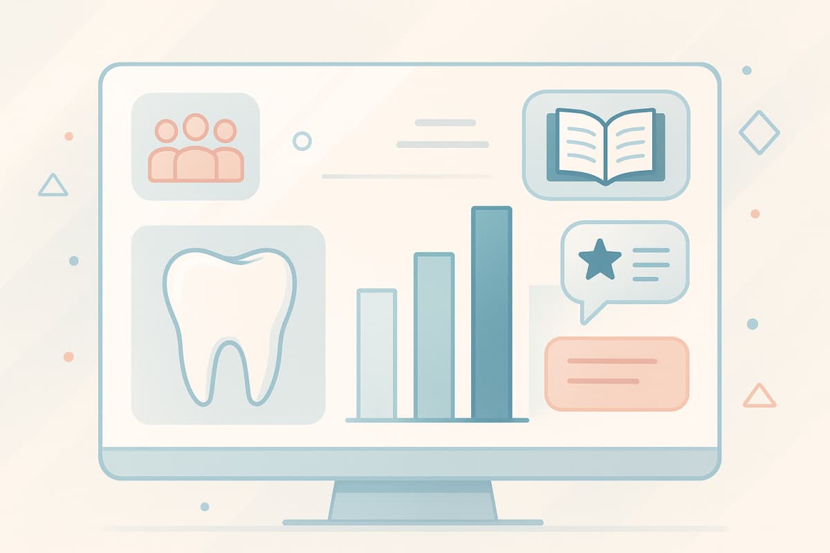 Modern dental dashboard with abstract pillars, geometric shapes, and testimonial bubbles in clinical tones.