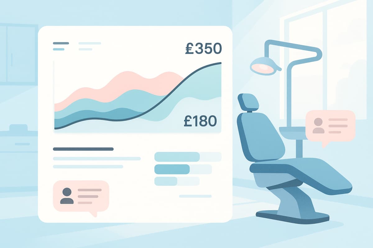 Modern dental dashboard with data charts, testimonials, and clinical background in light blue and teal tones.