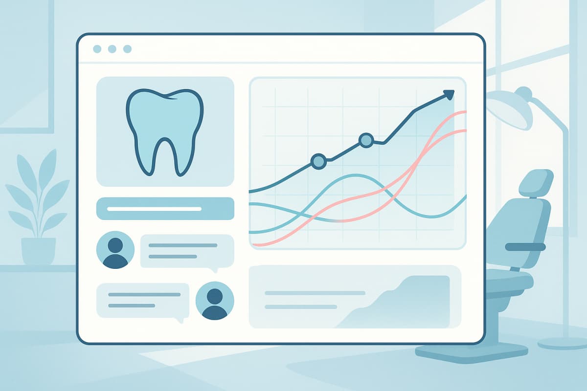 Modern dental dashboard with growth charts, testimonial bubbles, and flowing light trails in clinical tones.