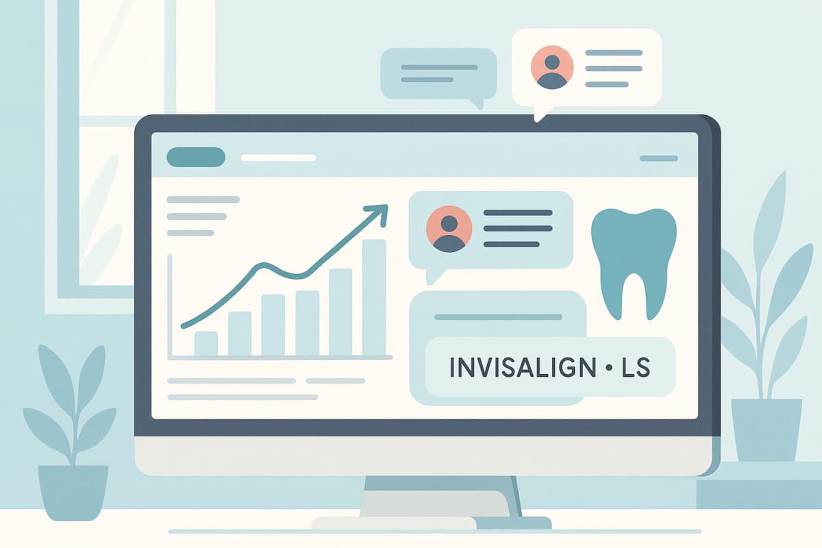 Modern dental dashboard with growth charts, testimonials, and keyword clusters in clinical tones.