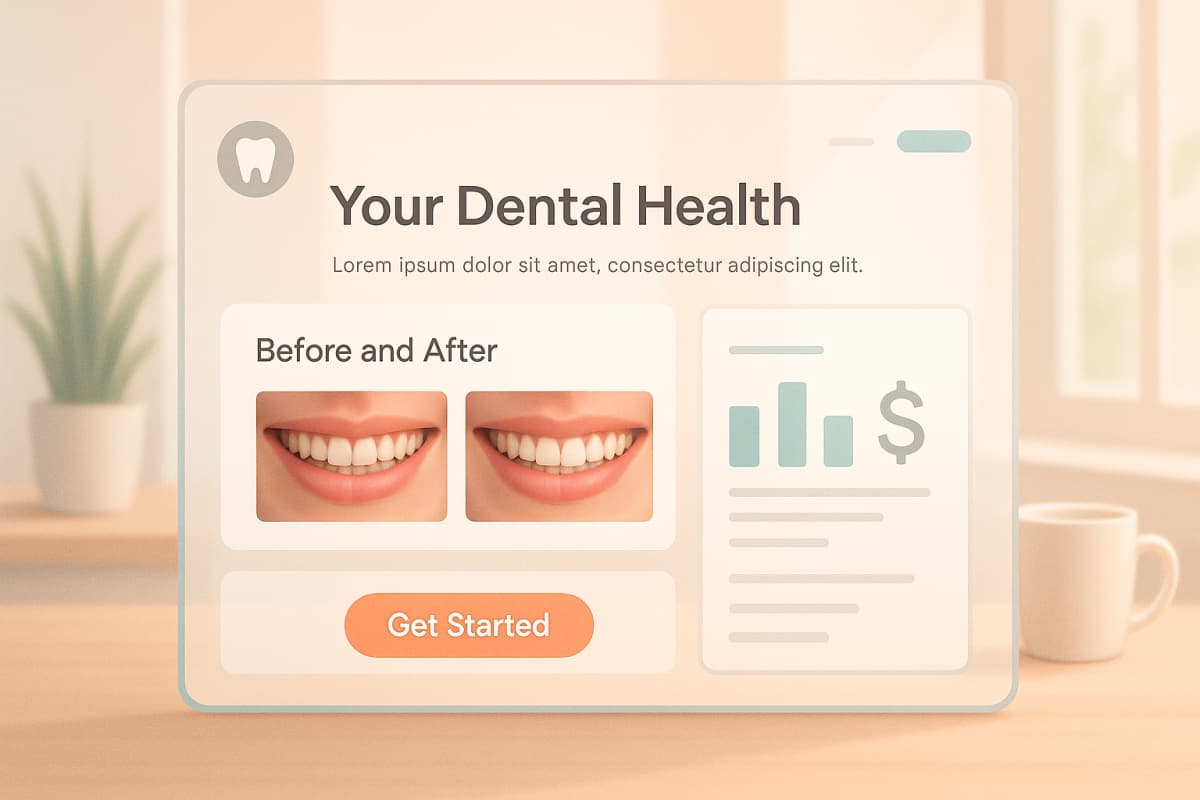 Modern dental dashboard with smile gallery, pricing charts, and call-to-action in a bright workspace.