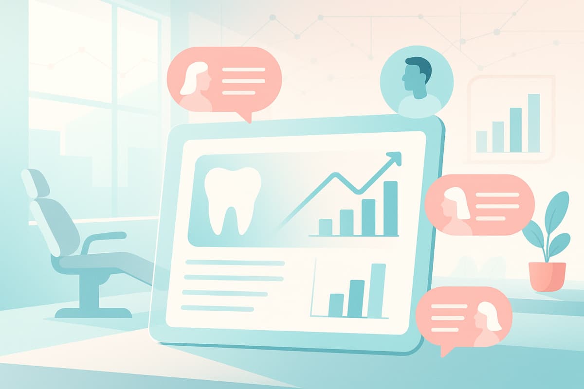 Modern dental dashboard with testimonial bubbles, growth charts, and network lines in a bright workspace.